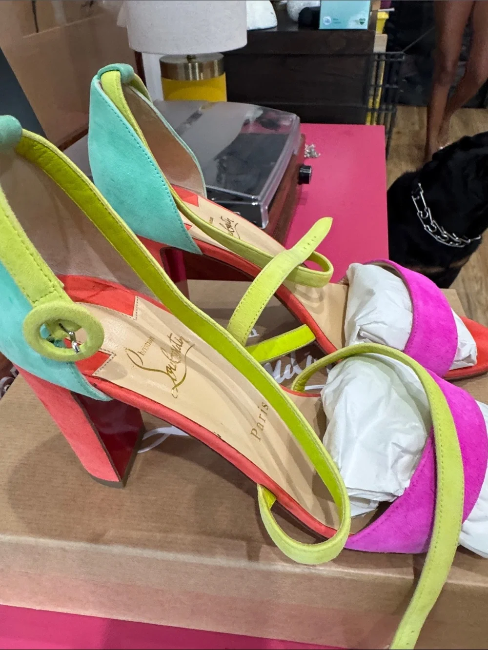 Christian Louboutin Multicolor Suede Block Heels - Pink, Green, Red, Yellow